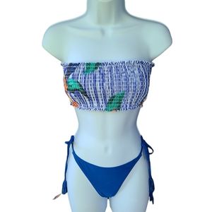 Zaful Tropical Print Smocked Bandeau Bikini Size S